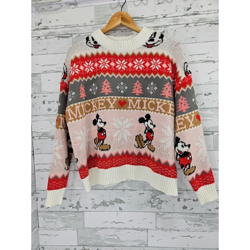 Disney Forever 21 Mickey Mouse Fair Isle Holiday Sweater Womens Medium Pink Red